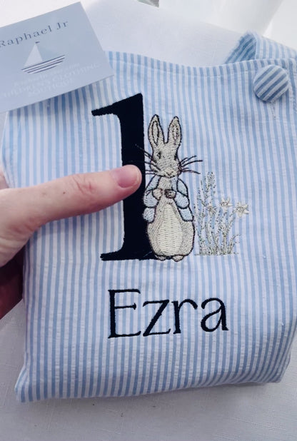 Boys Blue or white Birthday romper overalls Peter Rabbit