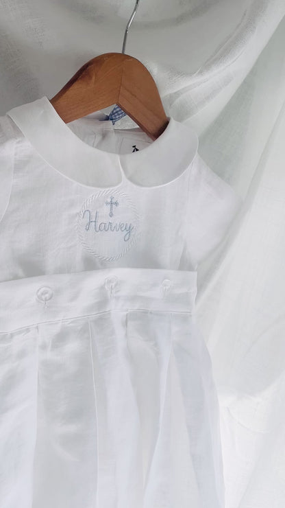 White Linen Unisex Baptism Gown romper with detachable skirt dress and optional embroidery