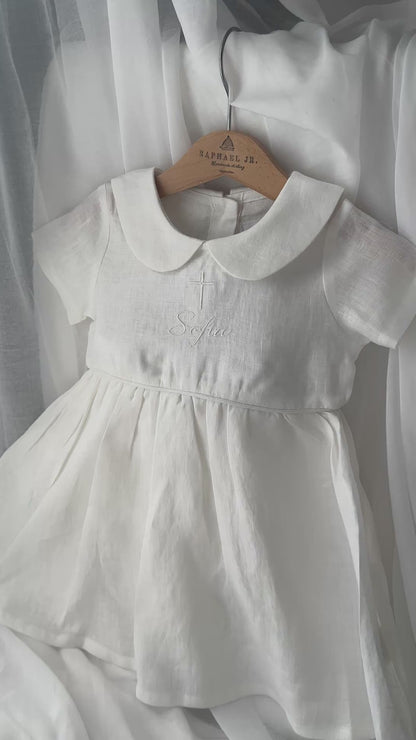 Pure Linen knee length Baptism Dress with embroidery and bloomers and optional ribbon