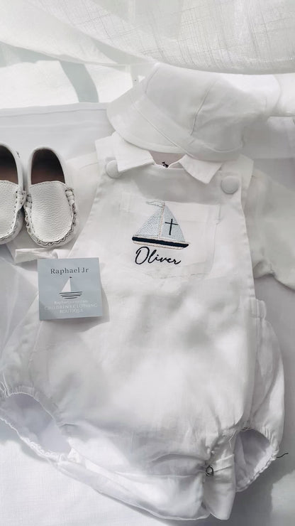 White linen Baptism romper overalls and linen shirt set