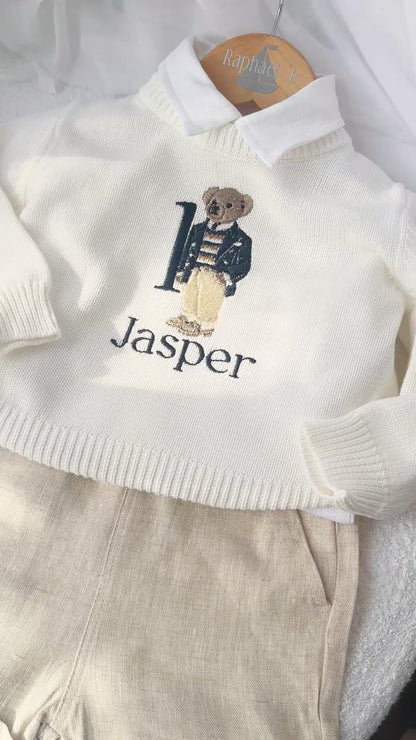 Polo Bear first birthday set with linen shirt, shorts and bear jumper