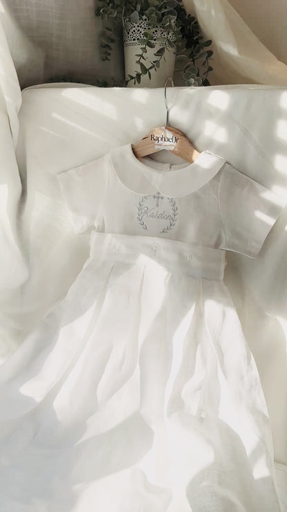 White Linen Unisex Baptism Gown romper with detachable skirt dress and optional embroidery