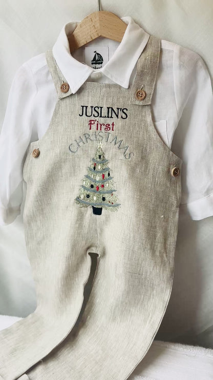 Boys Beige Linen Christmas overalls romper customisable