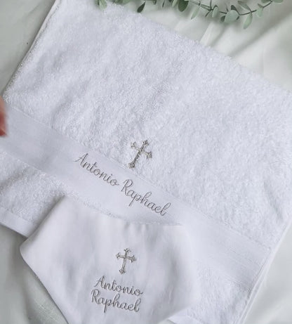 Personalised baptism christening hand towel with embroidery and optional bib