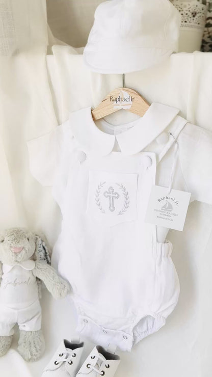 Baby white linen baptism romper overalls and blouse shirt set