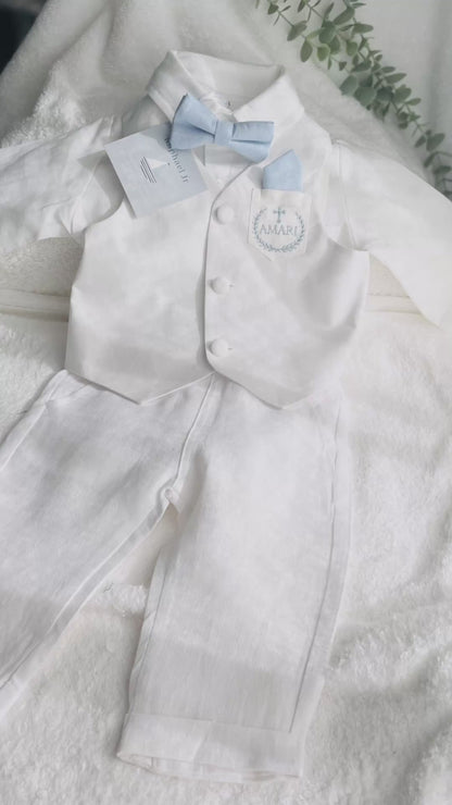 Boys white linen full length Baptism set with vest, shirt, pants, suspenders and bow tie