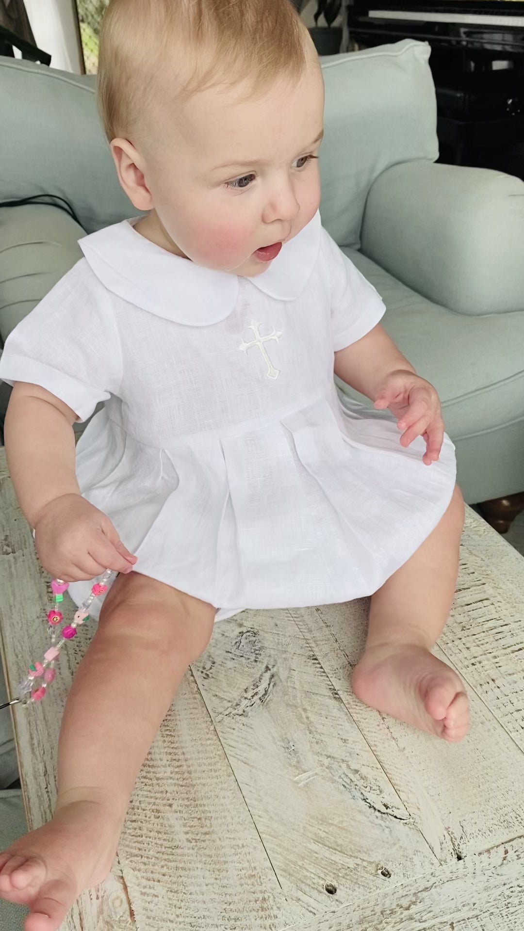 Linen Baptism Gown with detachable skirt peter pan collar romper outf Raphael Jr