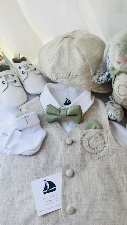 Beige Linen Shorts Shirt Suspenders and Vest set with Optional Cap Jacket and Embroidery