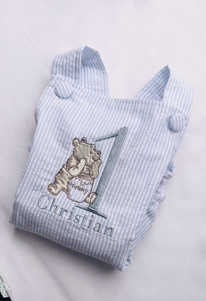 Boys Blue or white Birthday romper overalls Peter Rabbit