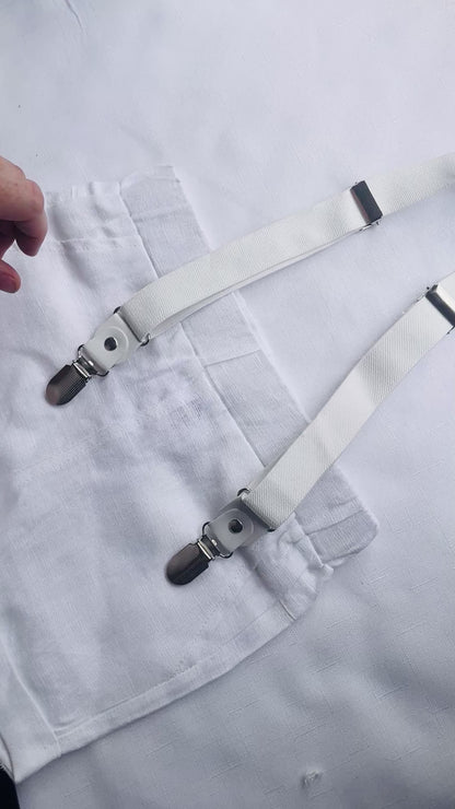White linen summer Baptism outfit with shorts shirt and suspenders and optional pale blue jacket