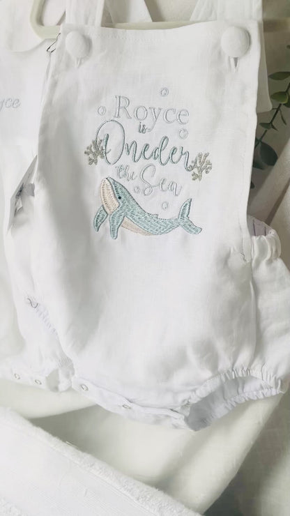 Boys White Linen first birthday romper with custom embroidery designs
