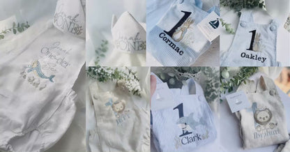 Boys Blue or white Birthday romper overalls Peter Rabbit