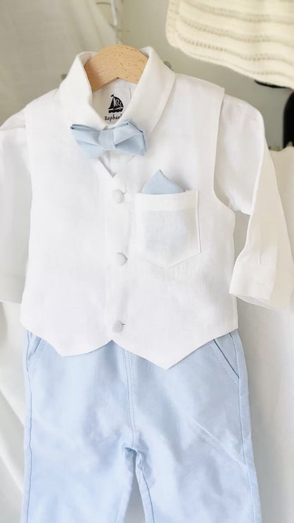 Boys pale blue and white set with vest, pants, linen shirt, bowtie and suspenders, plus optional jacket cap and shoes