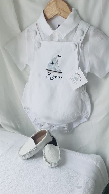 White linen Baptism romper overalls and linen shirt set