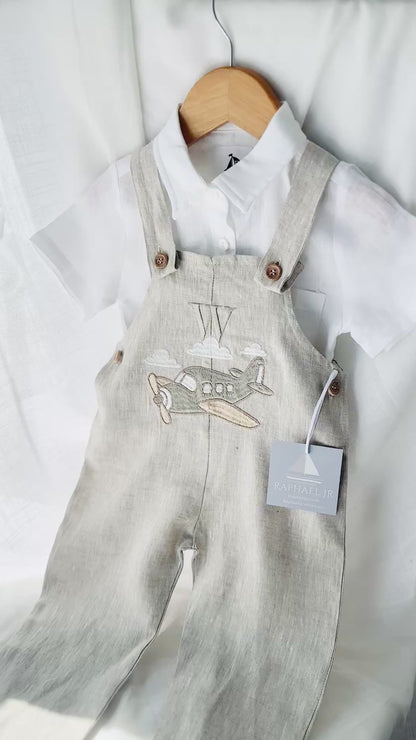 Boys Beige Linen Birthday overalls romper dungarees safari balloon fast car wild sea themes