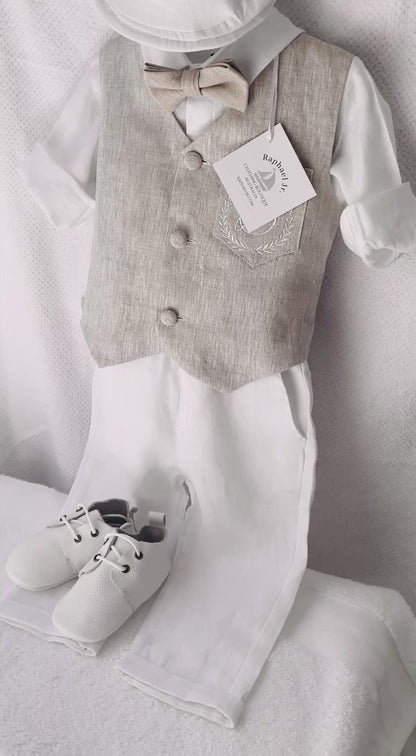 White and Beige Linen set with vest, shirt, pants, suspenders and bowtie plus optional jacket, cap and shoes