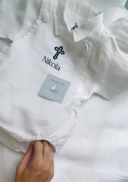 White linen Baptism romper overalls and linen shirt set