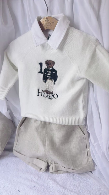 Polo Bear first birthday set with linen shirt, shorts and bear jumper