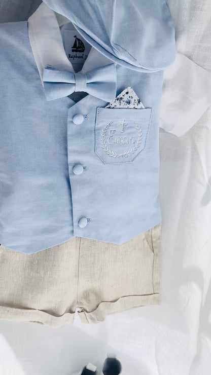 Pale blue summer vest set with blue vest, suspender shorts white shirt and bowtie