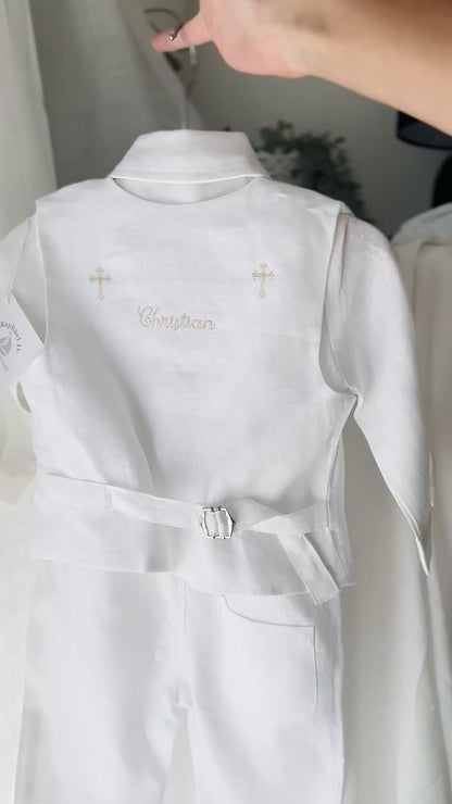 Boys white linen full length Baptism set with vest, shirt, pants, suspenders and bow tie