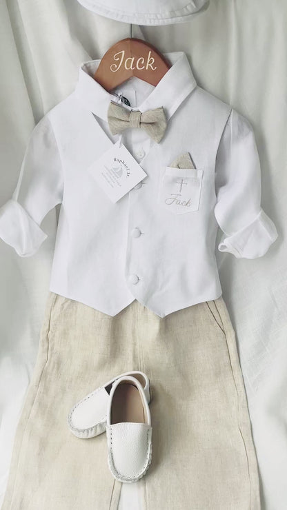 Boys white and beige linen Baptism and Wedding Outfit with vest, shirt, shorts, suspenders and bow tie