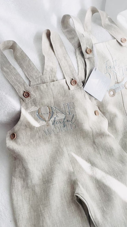 Boys Beige Linen Birthday overalls romper dungarees safari balloon fast car wild sea themes
