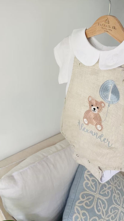 Beige and white linen Birthday teddy bear romper and blouse set