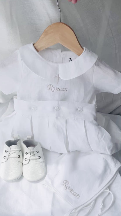 White Linen Unisex Baptism Gown romper with detachable skirt dress and optional embroidery