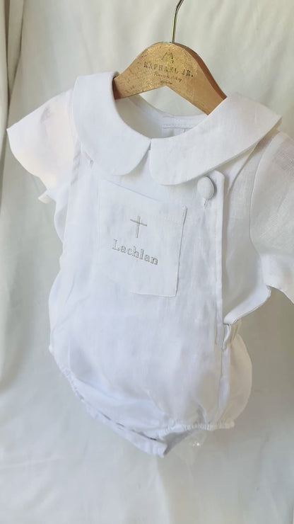 Baby white linen baptism romper overalls and blouse shirt set