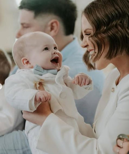 White linen Baptism suit set with pants, shirt, suspenders and bowtie plus optional jacket and extras