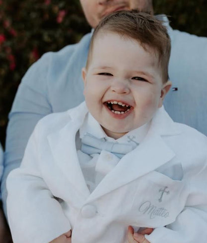 Boys white linen full 5 piece suit with vest, jacket, shirt, pants, suspenders and bow tie plus extras